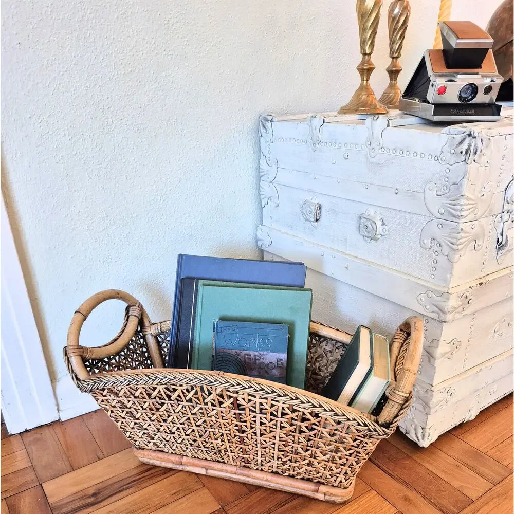 Vintage Rattan Woven Wicker Basket Magazine Rack 1960s Cottage Cabin Handles